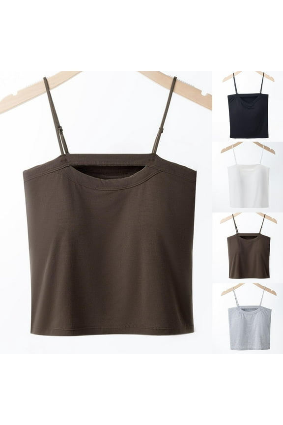 Sleeveless Crop Top for Women Spaghetti Strap Tank Tops Longline Workout Yoga Bra Padded Square Neck Casual Summer Camisole on Sale Gray L