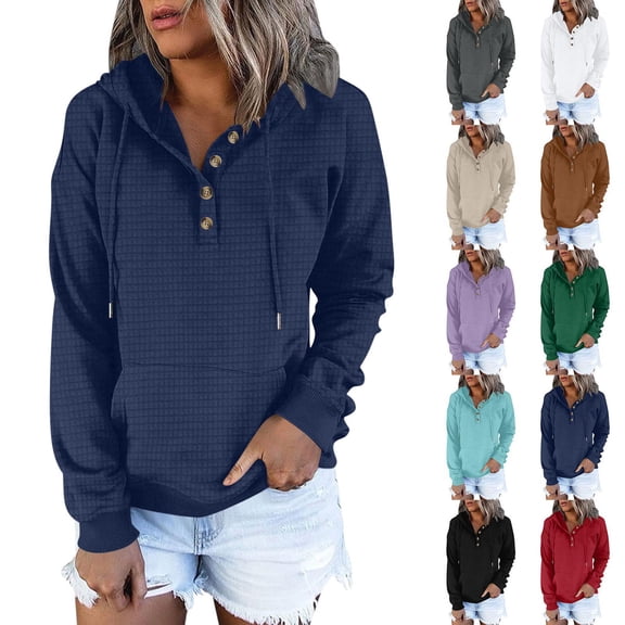 DDAPJ pyju Solid Casual Hoodies for Women Buttons Collar Kangaroo Pocket Drawstring Hooded Sweatshirt Fall Fashion Pullover Tops Khaki M