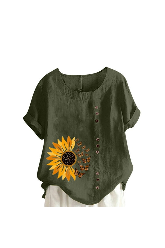 Spring Blouses for Women Cotton Linen Shirts Sunflower Printed Dressy Casual Round Neck Short Sleeve Tops Summer Oversized Blouse Army Green XL