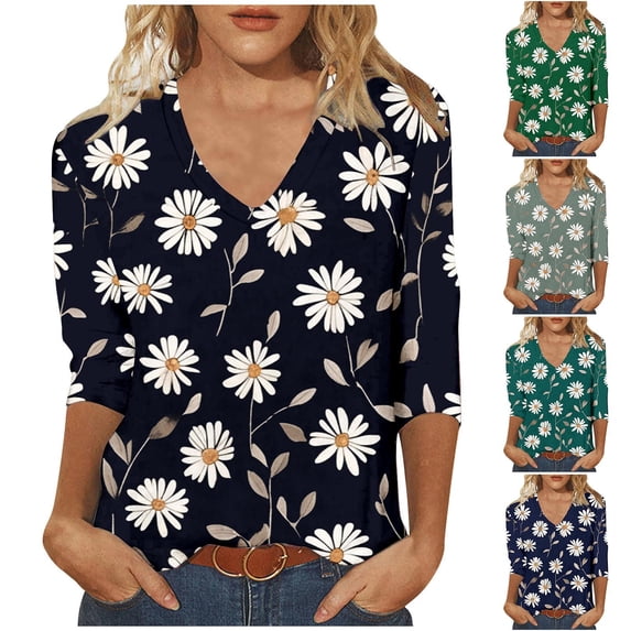 DDAPJ pyju Spring Tops for Women Trendy 3/4 Sleeve T-shirts Dressy Casual Floral Print V Neck Blouses Loose Fit Mid-length Tunics Black XXXL