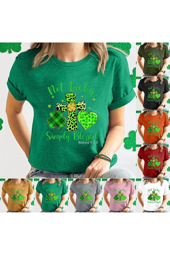 St. Patrick's Day Shirts for Women Short Sleeve Shamrock Graphic Tees Lucky Blessed T-Shirt Irish Celebration Parade Tee Tops White M