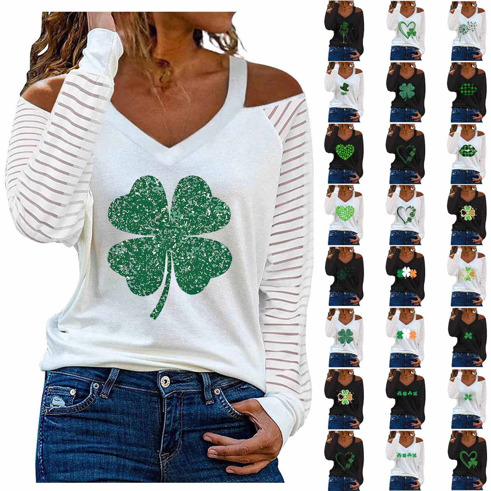 DDAPJ pyju St Patricks Day Shirt for Women Long Sleeve Cold Shoulder V ...