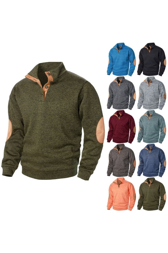 Stand Collar Sweatshirt Men Elbow Patch Long Sleeve Quarter Button Pullover Tops Vintage Casual Fall Sweatshirts Orange S