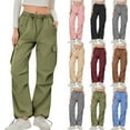 thumbnail image 1 of DDAPJ pyju Stretchy Cargo Pants for Women with Pockets High Waisted Drawstring Baggy Wide Leg Y2K Streetwear Hiking Casual Pants Coffee L, 1 of 8