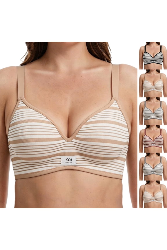 Striped Bras for Women No Underwire Seamless Bralette Full Coverage T-Shirt Bra Comfortable Everyday Sleep Bra with Adjustable Straps Gray M