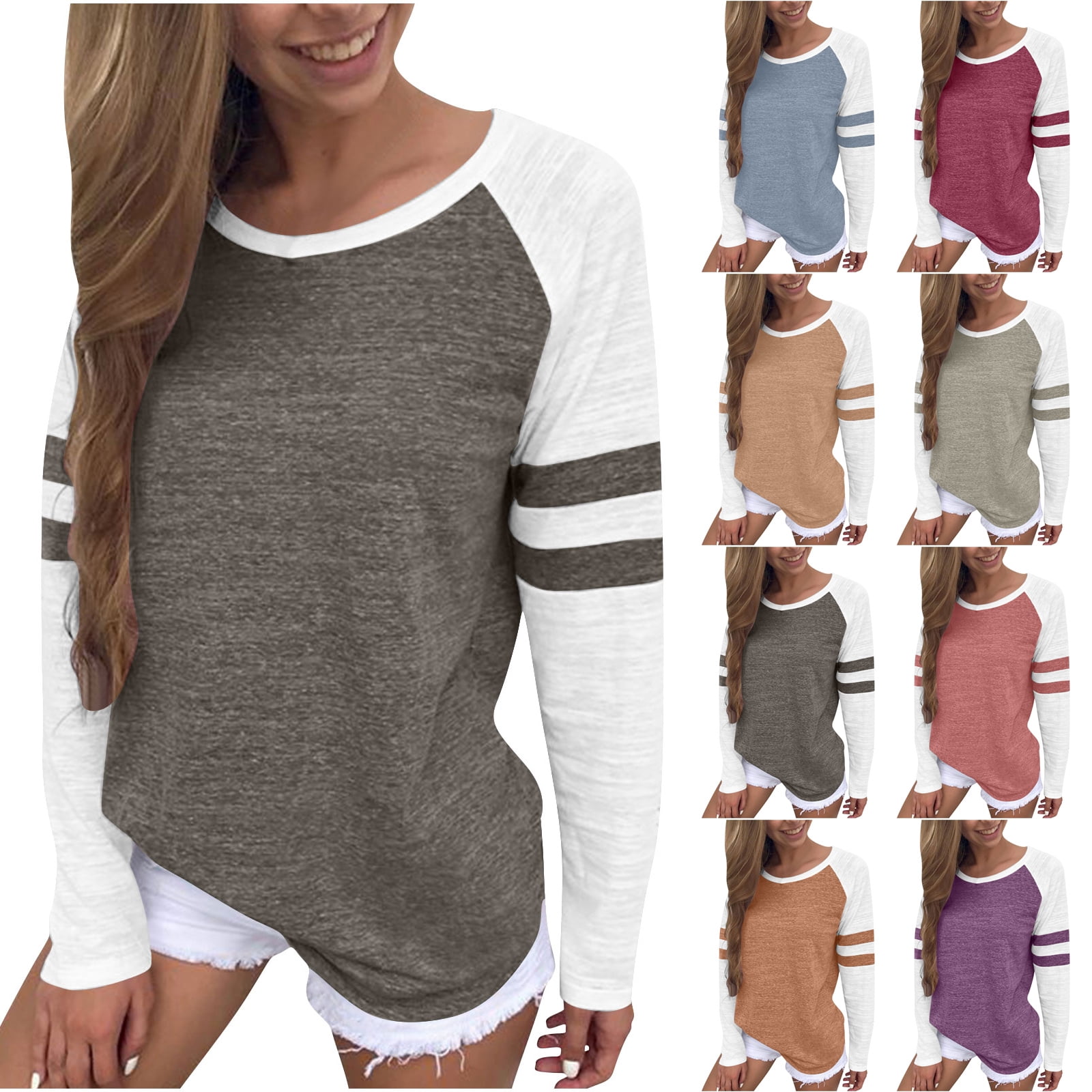 DDAPJ pyju Striped T-shirts for Women Trendy Casual Long Sleeve Tops ...