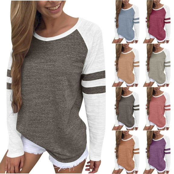 DDAPJ pyju Striped T-shirts for Women Trendy Casual Long Sleeve Tops Lightweight Crewneck Sweatshirt