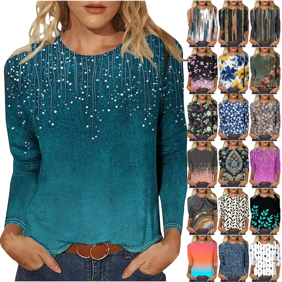 DDAPJ pyju Sumemr Tops for Women 3/4 Sleeve Crew Neck Floral Blouse Dressy Casual T-Shirt Cute Graphic Tees Navy L