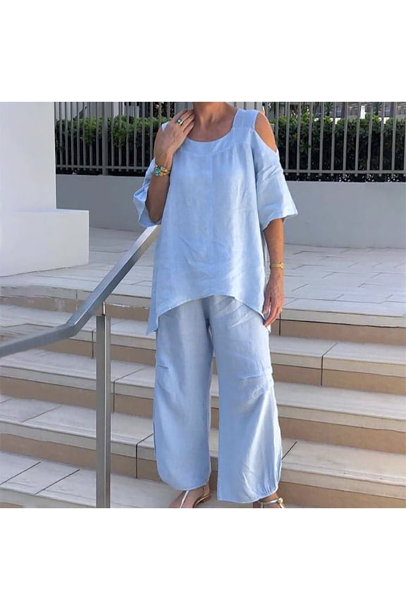 Summer 2 Piece Outfits for Women Cotton Linen Lounge Sets Basic Solid Half Sleeve Cold Shoulder Top Wide Leg Pants Suits Loose Comfy Yoga Tracksuit Plus Size Loungewear Blue S