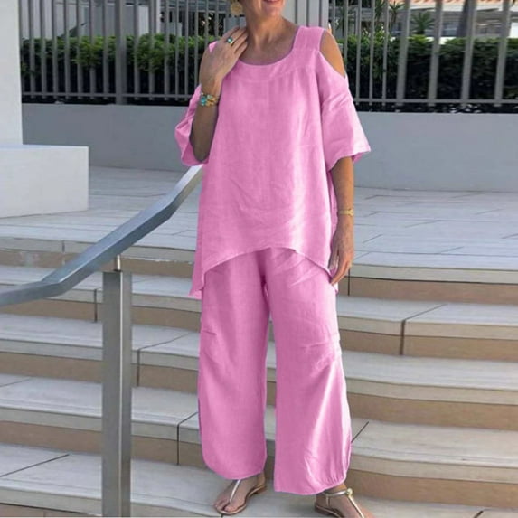 DDAPJ pyju Summer 2 Piece Outfits for Women Cotton Linen Lounge Sets Basic Solid Half Sleeve Cold Shoulder Top Wide Leg Pants Suits Loose Comfy Yoga Tracksuit Plus Size Loungewear Pink XL