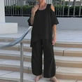 thumbnail image 1 of DDAPJ pyju Summer 2 Piece Outfits for Women Cotton Linen Lounge Sets Basic Solid Half Sleeve Cold Shoulder Top Wide Leg Pants Suits Loose Comfy Yoga Tracksuit Plus Size Loungewear Black XXXXL, 1 of 6