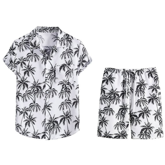DDAPJ pyju Summer 2 Piece Tracksuits Hawaiian Outfits for Men Palm Trees Print Vintage Short Sleeve Button Down Shirts Shorts Sets