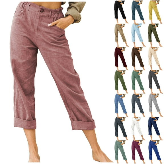 DDAPJ pyju Summer Capri Pants for Women, Women's Cotton Linen Button Cropped Pants Soild Comfy Baggy Trousers with Pockets Grass Green M