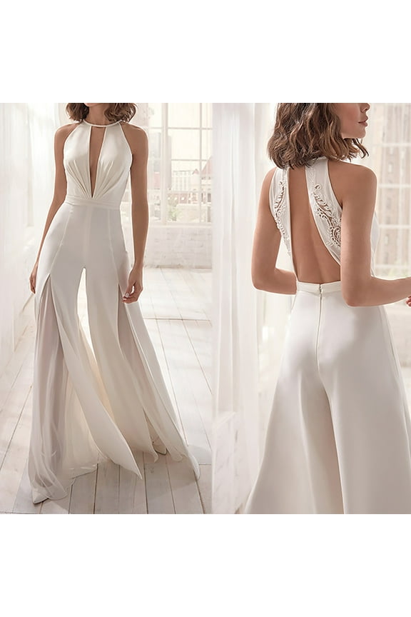 Summer Halter Jumpsuits for Women Dressy Casual Backless Sleeveless Solid Elegant Bodysuit Beach Boho Wide Leg Rompers