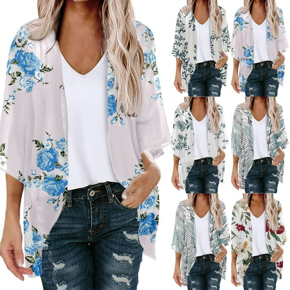 DDAPJ pyju Summer Lightweight Cardigan for Women 3/4 Sleeve Shrug Kimono Beach Cover Ups Boho Floral Loose Chiffon Swimsuit Coverup White XXL