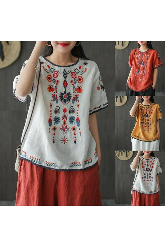 Summer Linen Tops for Women Mexican Shirts Short Sleeve Embroidered Peasant Blouses Bohemian Top Sales of the Day Red L