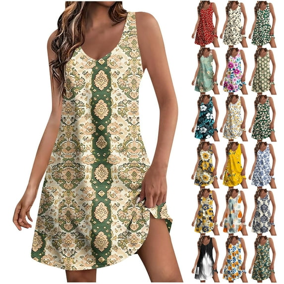 DDAPJ pyju Summer Mini Dresses for Women Boho Floral Print Hawaiian Sundresses Sleeveless Casual Loose Tunic Dress with Pockets Sales of Today Multicolor XL