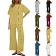 thumbnail image 1 of DDAPJ pyju Summer Outfits for Women 2 Piece Cotton Linen Matching Set Button Design Short Sleeve Tops and Wide Leg Pants Lounge Track Suit Sets Ofertas Prime Yellow L, 1 of 10
