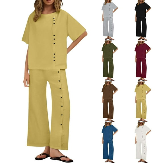 DDAPJ pyju Summer Outfits for Women 2 Piece Cotton Linen Matching Set Button Design Short Sleeve Tops and Wide Leg Pants Lounge Track Suit Sets Ofertas Prime Yellow L