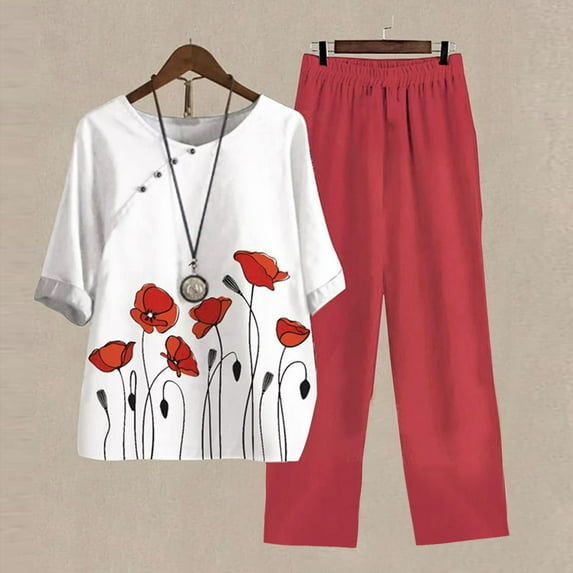 DDAPJ pyju Summer Outfits for Women 2 Piece Linen Lounge Sets Floral Print Short Sleeve Blouse Top and Elastic Waist Pants Suits Plus Size Loungewear Birthday Gifts of Today Red S