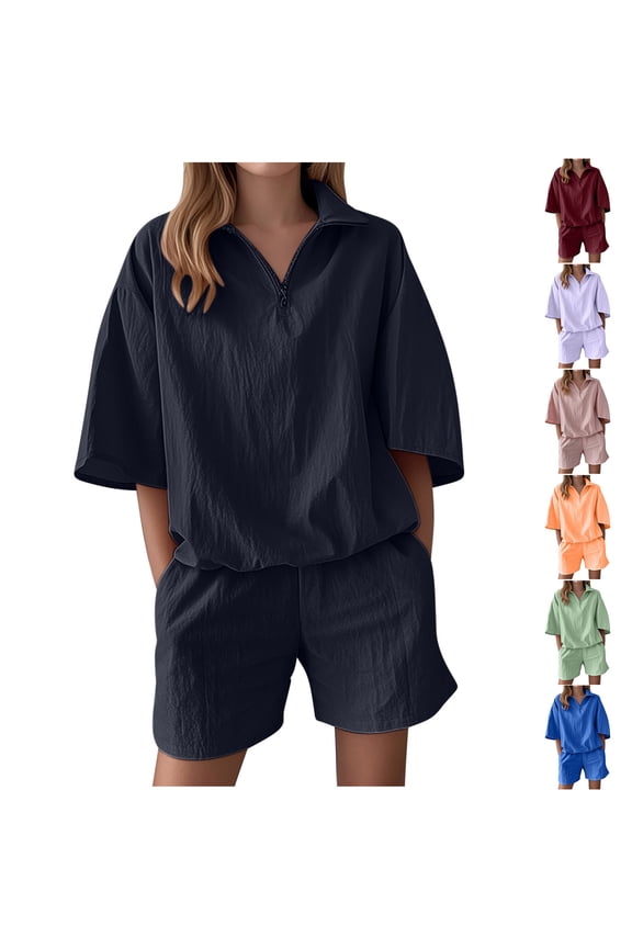 Summer Outfits for Women 2 Piece Linen Matching Set Quarter Zip Half Sleeve Tops and Wide Leg Shorts Track Suit Sets with Pockets Ofertas de la semana Blue L