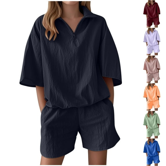 DDAPJ pyju Summer Outfits for Women 2 Piece Linen Matching Set Quarter Zip Half Sleeve Tops and Wide Leg Shorts Track Suit Sets with Pockets Ofertas por tiempo limitado Purple XXL