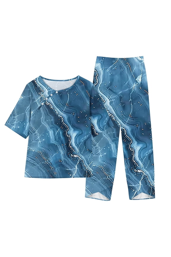 Summer Outfits for Women Trendy Marble Print Linen Pants Sets Slant Button Half Sleeve Tops Elastic Waist Capri Pants Lounge Matching Set Casual Tracksuit Blue L