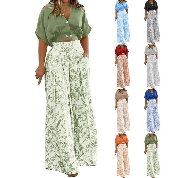 DDAPJ pyju Summer Outfits for Women Fashion Casual Business Suit Short Sleeve V Neck Crop Tops Matching Print Wide Leg Pants 2 Piece Set Ofertas Prime Gray M