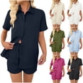 thumbnail image 1 of DDAPJ pyju Summer Outfits for Women Linen Button Down Shirts and Shorts Sets Hawaiian Beach Vacation Set Resort Wear 2025 Ofertas por tiempo limitado Black S, 1 of 7