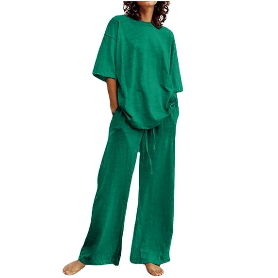 DDAPJ pyju Summer Outfits for Women,2 Piece Cotton Linen Set Boyfriend Oversized Short Sleeve T Shirts Wide Leg Pants Plus Size Tracksuit
