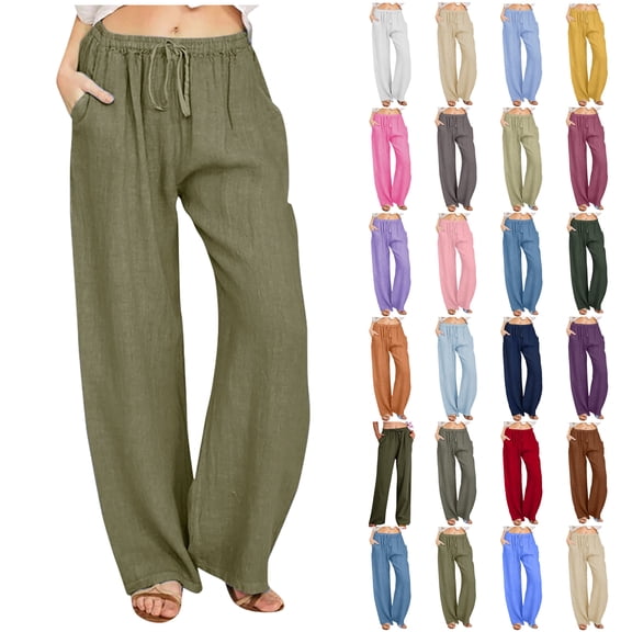 DDAPJ pyju Summer Pants for Women 2023,Cotton Linen Elastic Waist Drawstring Wide Leg Ankle Length Lounge Pant with Pockets