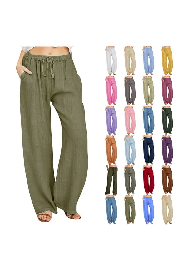 Summer Pants for Women 2023,Cotton Linen Elastic Waist Drawstring Wide Leg Ankle Length Lounge Pant with Pockets