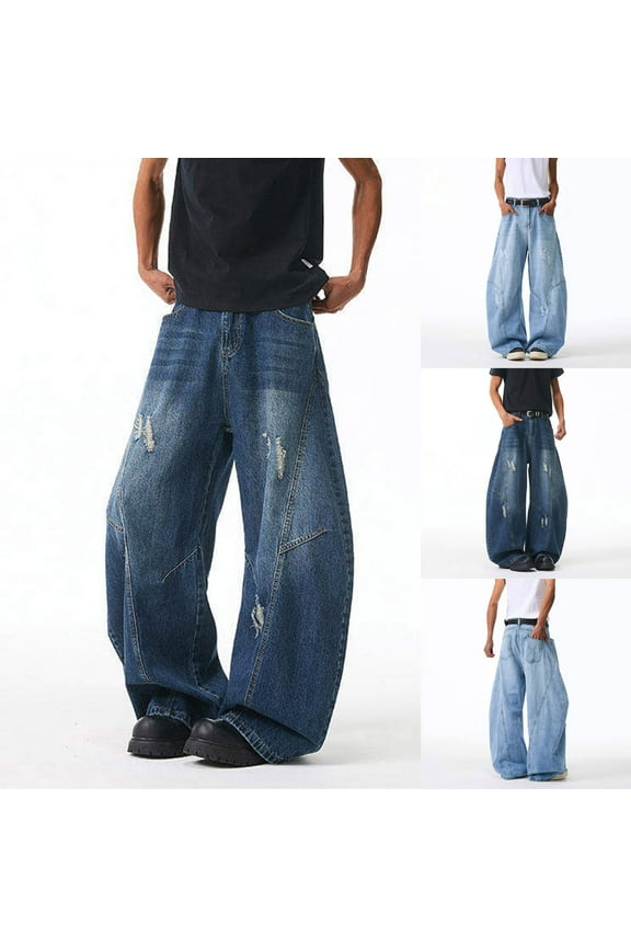 Summer Saving Clearance! Mens Baggy Jeans Vintage Casual Parachute Pants Ripped Cargo Pants Hip Hop Denim Work Trousers with Pockets Dark Blue XL