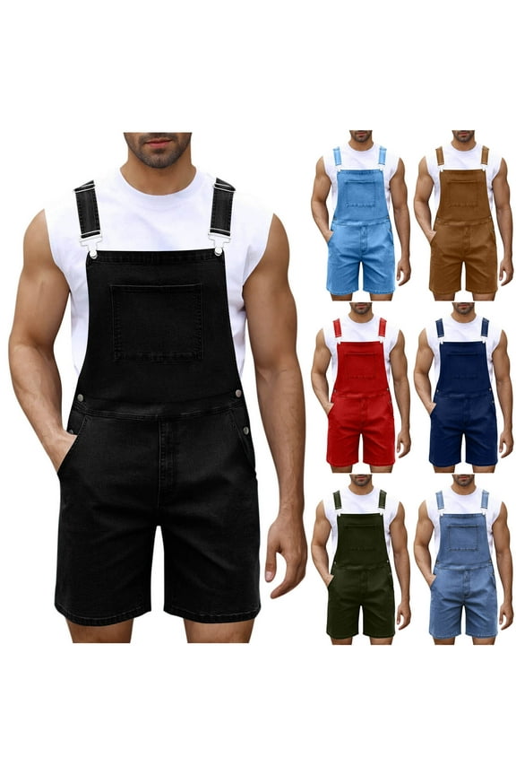 Summer Saving Clearance! Mens Denim Shorts Ripped Bib Overall Jeans Adjustable Straps Raw Hem Romper Vintage Distressed Jean Jumpsuits with Pockets Army Green M