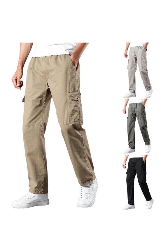 Summer Saving ! Mens Straight Leg Cargo Pants Cotton Ripstop Hiking Pants Elastic Waist Tactical Work Trousers with Multi Pockets Black M