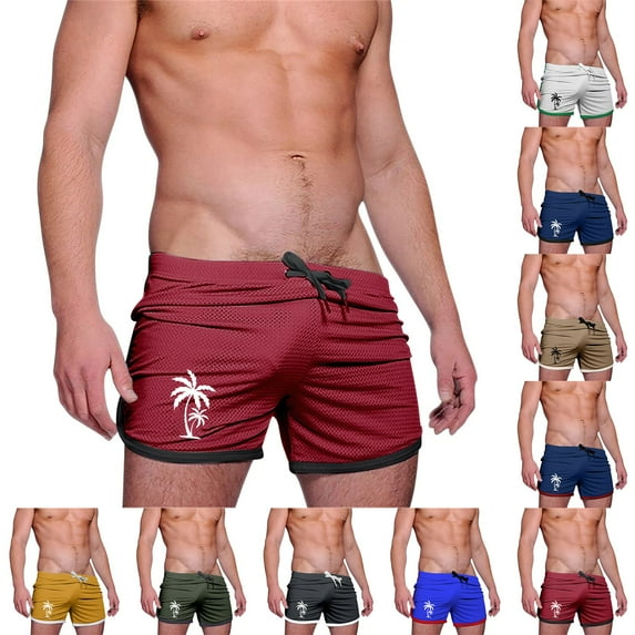 DDAPJ pyju Men's Quick Dry Running Shorts Breathable Athletic Gym Mesh Shorts for Men Palm Tree Print Casual Workout Short Pants Red M