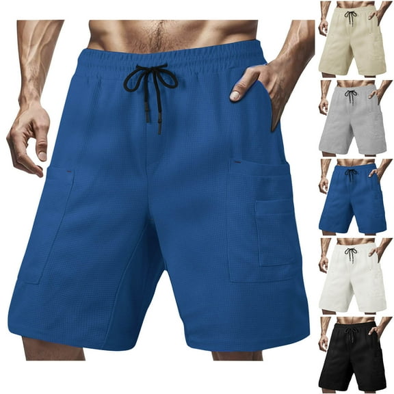DDAPJ pyju Mens Athletic Shorts Waffle Knit Casual Sweat Shorts Drawstring Elastic Waist Bermuda Shorts with Pockets Blue XL