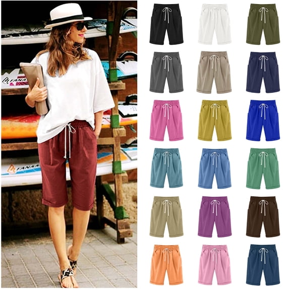 DDAPJ pyju Summer Shorts for Women Cotton Linen Bermuda Shorts Lightweight Breathable Casual Beach Shorts with Pockets White M