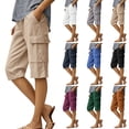 thumbnail image 1 of DDAPJ pyju Summer Shorts for Women Cotton Linen Cargo Shorts Drawstring High Waisted Knee Length Bermuda Shorts with Multi Pockets Coffee M, 1 of 7
