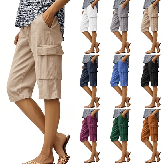 DDAPJ pyju Summer Shorts for Women Cotton Linen Cargo Shorts Drawstring High Waisted Knee Length Bermuda Shorts with Multi Pockets Coffee M
