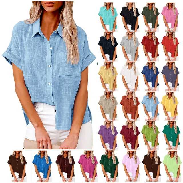 DDAPJ pyju Summer Tops for Women 2024 Plus Size Cotton Linen Button Down Shirts Basic Solid Short Sleeve V Neck Collared Shirt Loose Fit Tunic 50% Percent off Deals Today Wine L