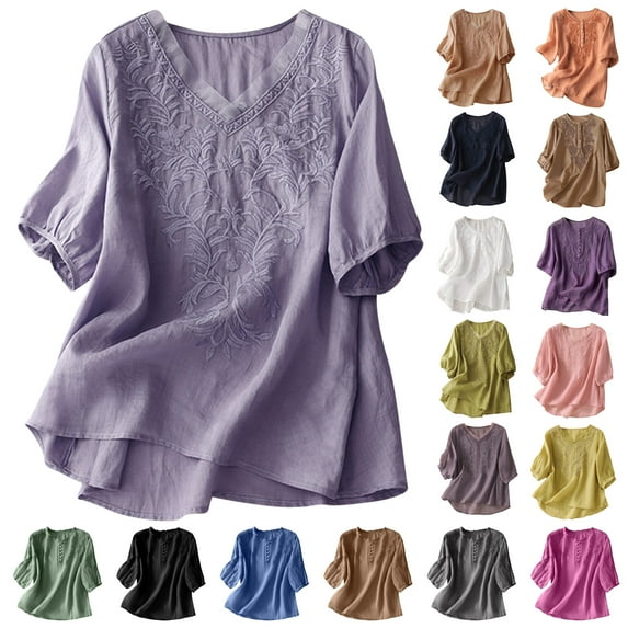 DDAPJ pyju Summer Tops for Women Dressy Casual Linen Embroidery Blouse Loose Fit V Neck Tunic Shirts Elegant Half Sleeve Blouses Pink XL