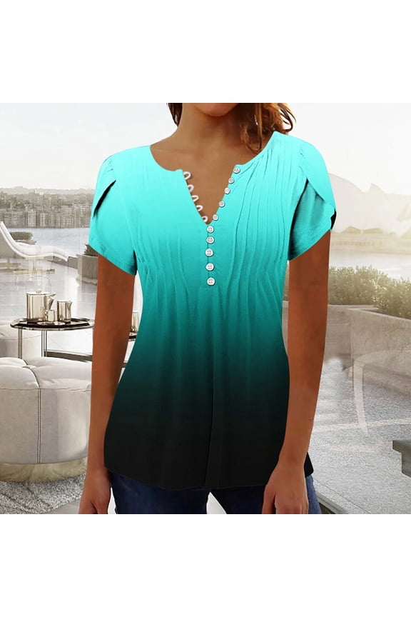 Summer Tops for Women 2025 Trendy Print Tunic Shirts Petal Short Sleeve Button V Neck Tshirt Loose Casual Pleated Blouse Lightning Sales of The Day Mint Green L