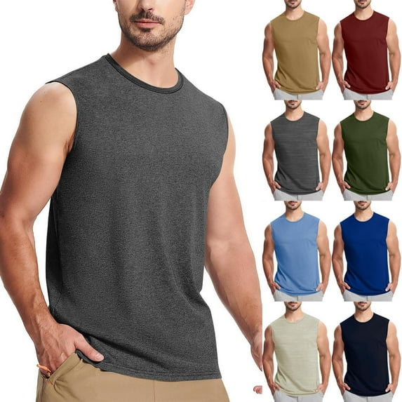DDAPJ pyju Summer Tops for Men Sleeveless Round Neck Tee Solid Casual Workout Shirts Beach Athletic Undershirts Khaki XL