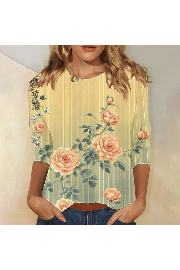 Summer Tops for Women Casual 3/4 Sleeve T-shirt Cute Floral Graphic Tees Dressy Work Blouse Shirt Yellow S