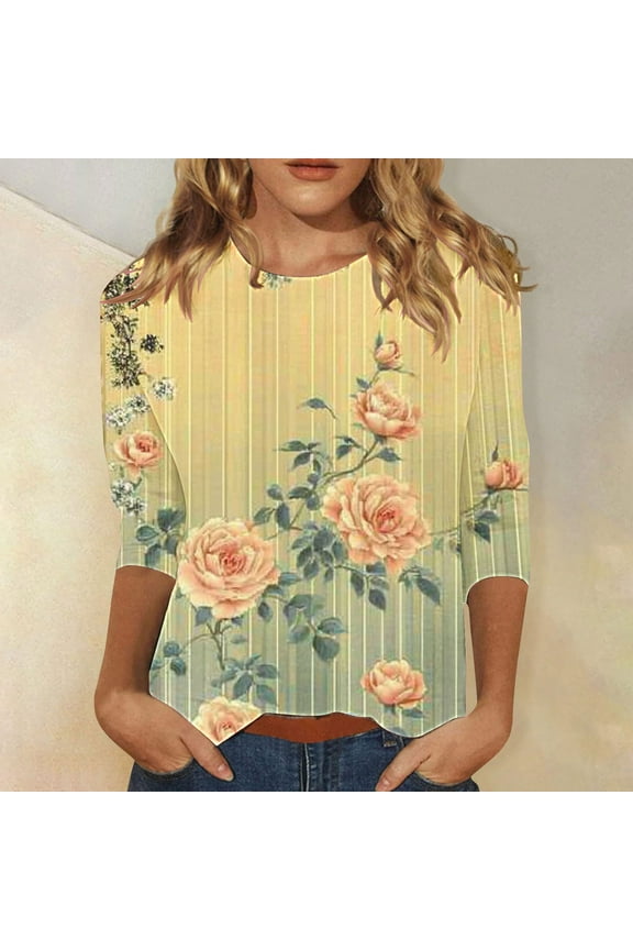 Summer Tops for Women Casual 3/4 Sleeve T-shirt Cute Floral Graphic Tees Dressy Work Blouse Shirt Prime Sales Today Yellow XL
