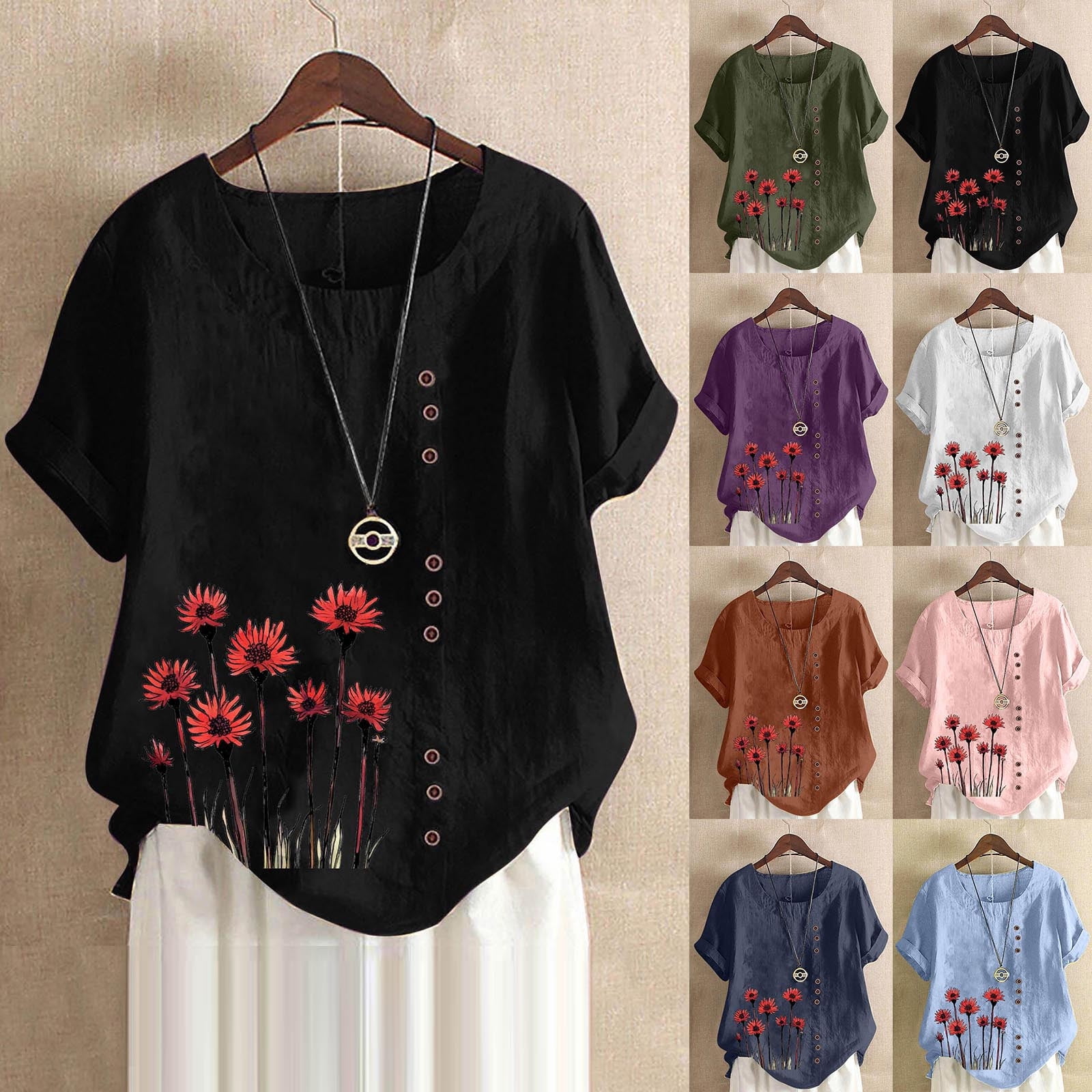 DDAPJ pyju Summer Tops for Women Cute Floral Print Short Sleeve Crew ...