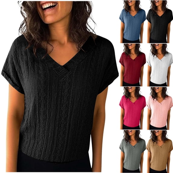 DDAPJ pyju Summer Tops for Women Dressy Casual Short Sleeve Blouses Soft Knitting Cotton V Neck T-shirt Black S