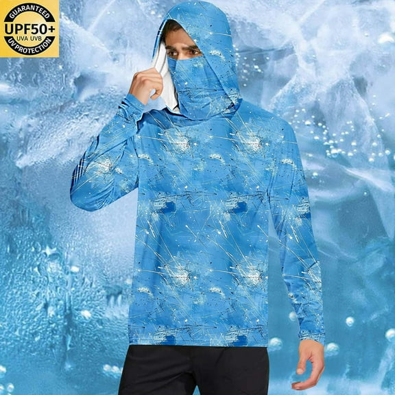 DDAPJ pyju Sun Protection Camo Shirts for Men with Mask UPF 50  Fishing Hiking Shirt Long Sleeve UV Rash Guard Lightweight Cooling Athletic Hoodies Sky Blue XXL