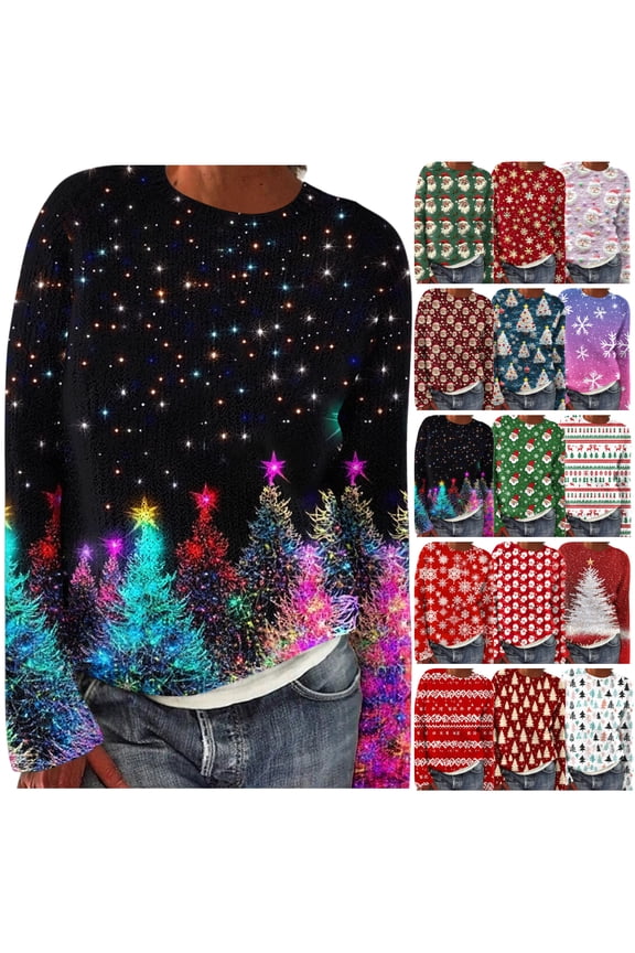 Sweaters for Women 2025 Christmas Fall Winter Long Sleeve Crewneck Festive Jumper Top Xmas Pullover Sweaters Green S